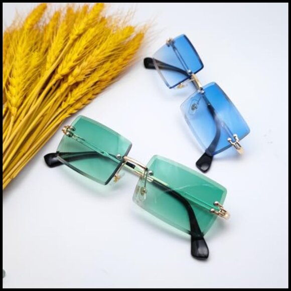 Retro Rimless Rectangle Sunglasses Vintage Square Tinted Lens Unisex